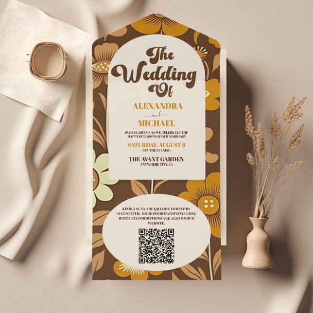 QR Code Arch Modern Retro 70s Floral Wedding All In One Invitation (Creator Uploaded)