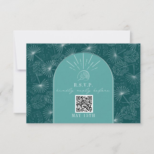 QR Code Arch Teal Tropical Palm Wedding RSVP (Front)