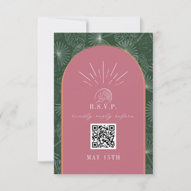 QR Code Arch Tropical Palm Pink Green Wedding RSVP Card (Front)