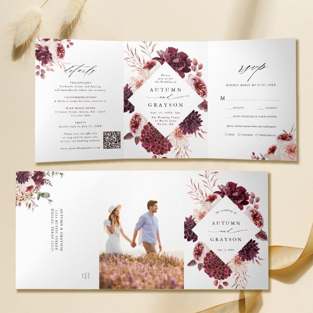 QR Code Autumn Romance Watercolor Floral Wedding Tri-Fold Invitation (Inside & Outside)
