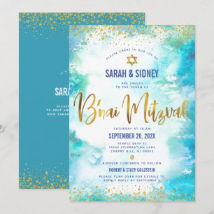 QR Code B’nai Mitzvah Gold Turquoise Watercolor Invitation