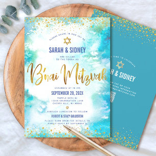 QR Code B’nai Mitzvah Gold Turquoise Watercolor Invitation