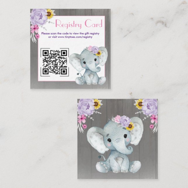 QR Code Baby Elephant Registry Purple Pink Yellow Enclosure Card (Front/Back)