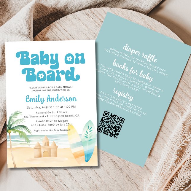 QR Code Baby on Board Surfboard Beach Shower Boy Invitation (Creator Uploaded)
