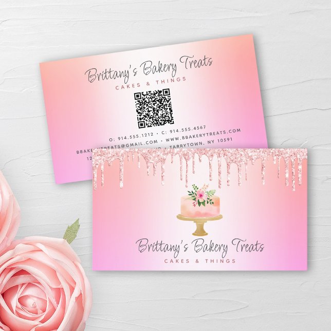 QR Code Bakery Pink Cake Glitter Rainbow Ombre Business Card (Creator Uploaded)