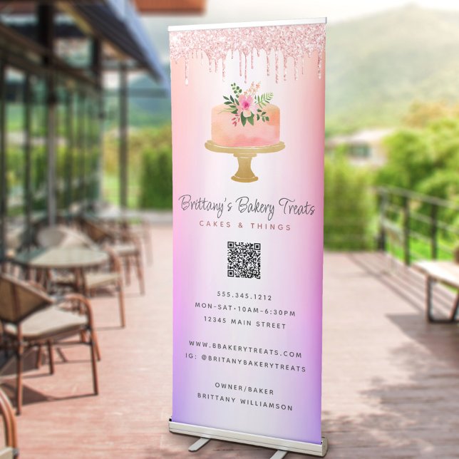 QR Code Bakery Pink Cake Glitter Rainbow Ombre Retractable Banner (Creator Uploaded)