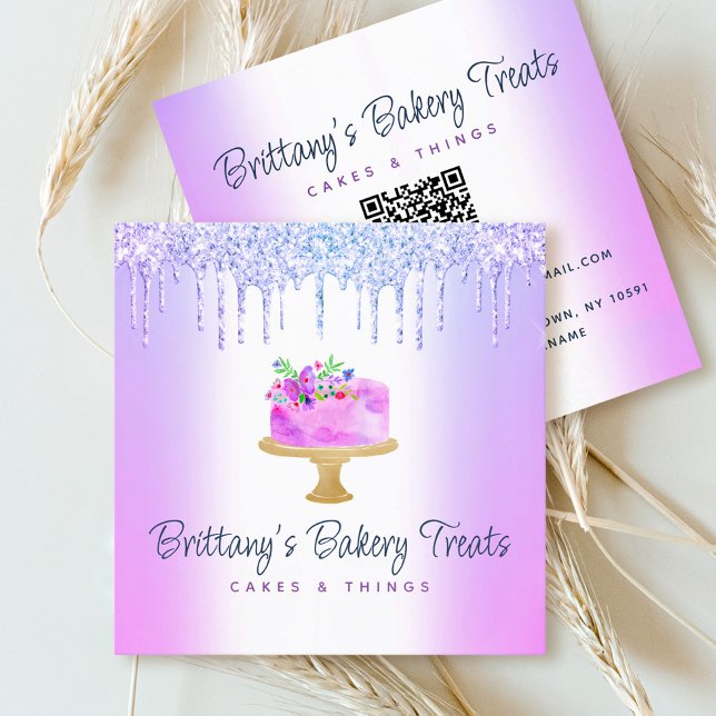 QR Code Bakery Purple Cake Glitter Drips Dessert Square Business Card (Creator Uploaded)