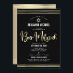 QR Code Bar Mitzvah Black Gold Script Tallit Bold Invitation<br><div class="desc">Be proud, rejoice and showcase this milestone of your favourite Bar Mitzvah! Send out this stunning, modern, sophisticated, personalised QR code invitation for an event to remember. Graphic faux gold foil calligraphy script, Star of David, modern white sans serif typography and hand drawn tallit lines overlay a rich, dramatic, black...</div>