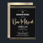 QR Code Bar Mitzvah Black Gold Script Tallit Bold Invitation<br><div class="desc">Be proud, rejoice and showcase this milestone of your favourite Bar Mitzvah! Send out this stunning, modern, sophisticated, personalised QR code invitation for an event to remember. Graphic faux gold foil calligraphy script, Star of David, modern white sans serif typography and hand drawn tallit lines overlay a rich, dramatic, black...</div>