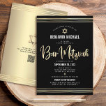 QR Code Bar Mitzvah Black Gold Script Tallit Bold Invitation<br><div class="desc">Be proud, rejoice and showcase this milestone of your favourite Bar Mitzvah! Send out this stunning, modern, sophisticated, personalised QR code invitation for an event to remember. Graphic faux gold foil calligraphy script, Star of David, modern white sans serif typography and hand drawn tallit lines overlay a rich, dramatic, black...</div>