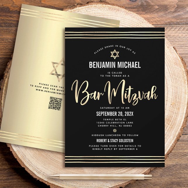 QR Code Bar Mitzvah Black Gold Script Tallit Bold Invitation (Creator Uploaded)