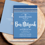 QR Code Bar Mitzvah Blue Silver Tallit Bold Script Invitation<br><div class="desc">Be proud, rejoice and showcase this milestone of your favourite Bar Mitzvah! Send out this cool, unique, modern, personalised QR code invitation for an event to remember. Bold, white script typography, Star of David and a navy blue and silver glitter striped tallit inspired graphic overlay a simple, cornflower blue background....</div>