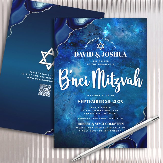 QR Code Bar Mitzvah Navy Blue Agate Galaxy Script Invitation (Creator Uploaded)
