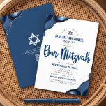 QR Code Bar Mitzvah Navy Blue Agate Script Modern Invitation<br><div class="desc">Be proud, rejoice and showcase this milestone of your favourite Bar Mitzvah! Send out this cool, unique, modern, personalised QR code invitation for an event to remember. Navy blue script typography and Star of David overlay a simple, white background with steel blue agate accented with faux silver veins. On the...</div>