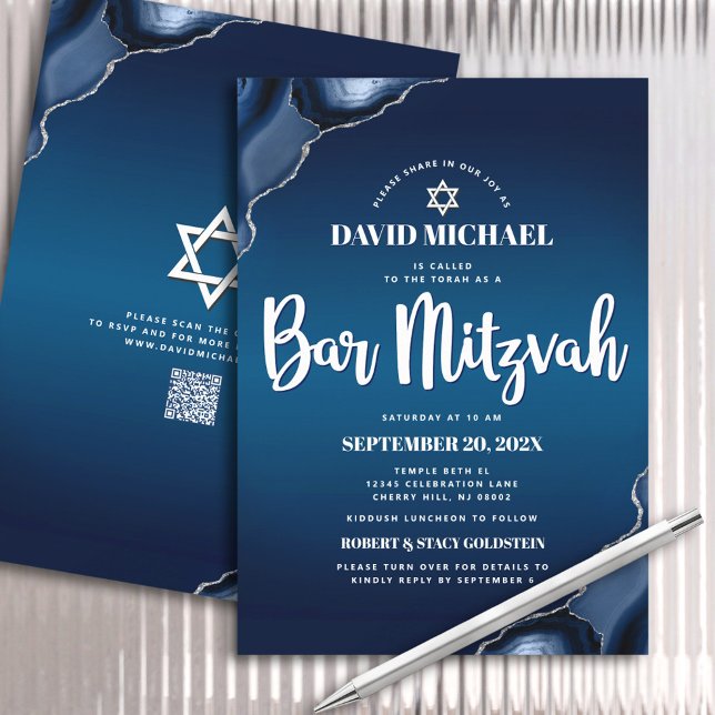 QR Code Bar Mitzvah Navy Blue Ombre Agate Script Invitation (Creator Uploaded)