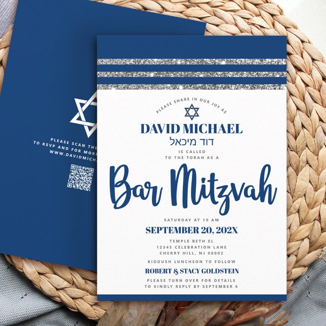 QR Code Bar Mitzvah Navy Blue Silver Tallit Script Invitation (Creator Uploaded)