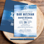 QR Code Bar Mitzvah Navy Bold Typography Blue Foil Invitation<br><div class="desc">Be proud, rejoice and showcase this milestone of your favourite Bar Mitzvah! Send out this cool, unique, modern, personalised QR code invitation for an event to remember. Faux metallic light blue foil brush strokes, along with bold, navy blue typography and Star of David, overlay a simple, white background. On the...</div>