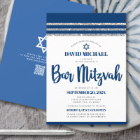 QR Code Bar Mitzvah Navy Silver Tallit Bold Script