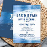 QR Code Bar Mitzvah Navy Typography Blue Foil Bold Invitation<br><div class="desc">Be proud, rejoice and showcase this milestone of your favourite Bar Mitzvah! Send out this cool, unique, modern, personalised QR code invitation for an event to remember. Faux metallic light blue foil brush strokes, along with bold, navy blue typography and Star of David, overlay a simple, white background. On the...</div>