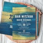 QR Code Bar Mitzvah Turquoise Gold Foil Bold Type Invitation<br><div class="desc">Be proud, rejoice and showcase this milestone of your favourite Bar Mitzvah! Send out this cool, unique, modern, personalised QR code invitation for an event to remember. Faux metallic gold foil brush strokes and Star of David, along with bold, white typography, overlay a rich, turquoise blue ombre paint background. On...</div>