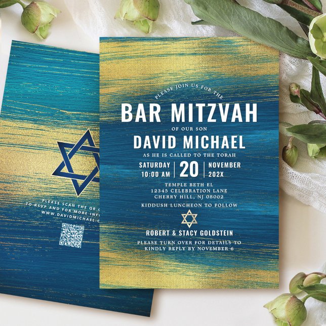 QR Code Bar Mitzvah Turquoise Gold Foil Modern Invitation (Creator Uploaded)
