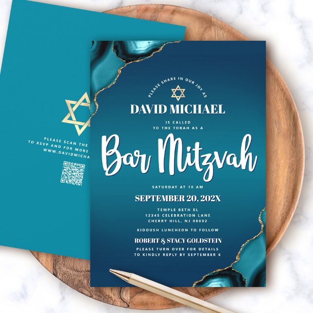 QR Code Bar Mitzvah Turquoise Ombre Agate Modern Invitation (Creator Uploaded)