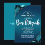 QR Code Bar Mitzvah Turquoise Ombre Agate Modern Invitation<br><div class="desc">Be proud, rejoice and showcase this milestone of your favourite Bar Mitzvah! Send out this cool, unique, modern, personalised QR code invitation for an event to remember. White script typography and a faux gold Star of David overlay a deep turquoise teal blue ombre background with turquoise blue agate accented with...</div>