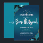 QR Code Bar Mitzvah Turquoise Ombre Agate Modern Invitation<br><div class="desc">Be proud, rejoice and showcase this milestone of your favourite Bar Mitzvah! Send out this cool, unique, modern, personalised QR code invitation for an event to remember. White script typography and a faux gold Star of David overlay a deep turquoise teal blue ombre background with turquoise blue agate accented with...</div>