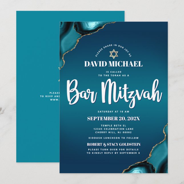 QR Code Bar Mitzvah Turquoise Ombre Agate Modern Invitation (Front/Back)