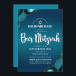 QR Code Bar Mitzvah Turquoise Ombre Agate Modern Invitation<br><div class="desc">Be proud, rejoice and showcase this milestone of your favourite Bar Mitzvah! Send out this cool, unique, modern, personalised QR code invitation for an event to remember. White script typography and a faux gold Star of David overlay a deep turquoise teal blue ombre background with turquoise blue agate accented with...</div>