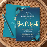 QR Code Bar Mitzvah Turquoise Ombre Agate Script Invitation<br><div class="desc">Be proud, rejoice and showcase this milestone of your favourite Bar Mitzvah! Send out this cool, unique, modern, personalised QR code invitation for an event to remember. Faux gold foil script typography, white sans serif typography, and a faux gold Star of David overlay a deep turquoise teal blue ombre background...</div>