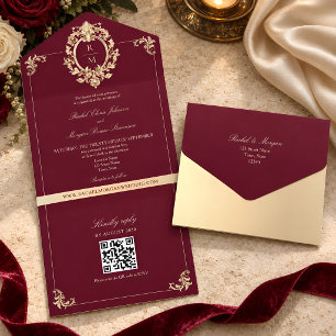 QR Code Baroque Burgundy Gold Wedding All In One Invitation