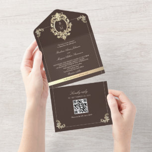 QR Code Baroque Gold Chocolate Brown Wedding All In One Invitation