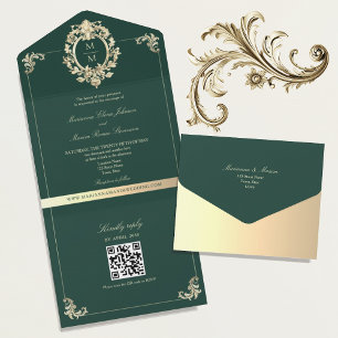 QR Code Baroque Gold Emerald Green Wedding All In One Invitation