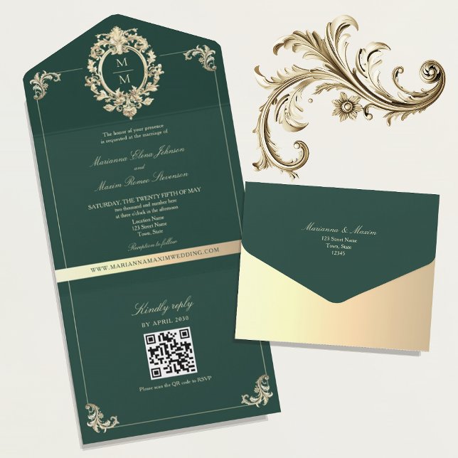QR Code Baroque Gold Emerald Green Wedding All In One Invitation (Creator Uploaded)