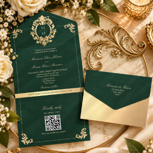 QR Code Baroque Gold Emerald Green Wedding All In One Invitation