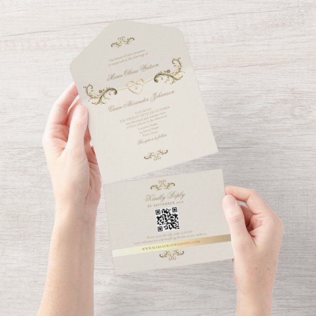 QR Code Baroque Gold Wedding All In One Invitation (Tearaway)