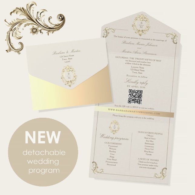 QR Code Baroque Monogram Wedding All In One Invitation (Creator Uploaded)