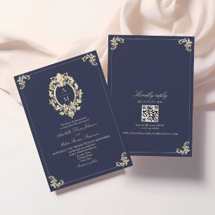 QR Code Baroque Navy Blue Wedding Invitation