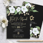 QR Code Bat Mitzvah Black Gold Floral Script Girly Invitation<br><div class="desc">Be proud, rejoice and showcase this milestone of your favourite Bat Mitzvah! Send out this sophisticated, modern, personalised QR code invitation for an event to remember. A chic, stunning, white and faux gold glitter floral watercolor with faux gold foil script typography and white sans serif type overlay a dramatic black...</div>