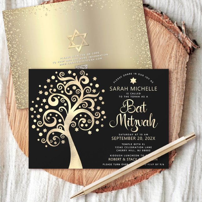 QR Code Bat Mitzvah Black Gold Tree of Life Script Invitation (Creator Uploaded)