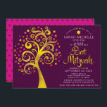 QR Code Bat Mitzvah Burgundy Gold Tree of Life Invitation<br><div class="desc">Be proud, rejoice and showcase this milestone of your favourite Bat Mitzvah! Send out this bold, modern, personalised QR code invitation for an event to remember. A fun, graphic faux gold foil tree with sparkly pink, orange and red Star of David and dot “leaves”, faux gold foil calligraphy script and...</div>