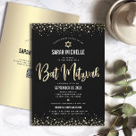 QR Code Bat Mitzvah Modern Black Gold Glitter Foil Invitation<br><div class="desc">Be proud, rejoice and showcase this milestone of your favourite Bat Mitzvah! Send out this stunning, modern, personalised QR code invitation for an event to remember. Graphic faux gold foil calligraphy script, Star of David and confetti dots, overlay a rich, dramatic, black background. On the back, your daughter’s name, Star...</div>