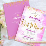 QR Code Bat Mitzvah Pink Watercolor Gold Glitter Invitation<br><div class="desc">Be proud, rejoice and showcase this milestone of your favourite Bat Mitzvah! Send out this stunning, modern, personalised QR code invitation for an event to remember. Sparkly faux gold foil script, glitter dots, Star of David and handwritten script typography overlay a soft pink watercolor background. On the back, additional gold...</div>
