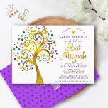 QR Code Bat Mitzvah Purple Gold Tree of Life Bold Invitation<br><div class="desc">Be proud, rejoice and showcase this milestone of your favourite Bat Mitzvah! Send out this bold, modern, personalised QR code invitation for an event to remember. A fun, graphic faux gold foil tree with sparkly turquoise, teal, purple and blue Star of David and dot “leaves”, faux gold foil calligraphy script...</div>