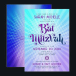 QR Code Bat Mitzvah Retro Blue Purple Gradient Fun Invitation<br><div class="desc">Be proud, rejoice and showcase this milestone of your favourite Bat Mitzvah! Send out this fun boho retro, personalised QR code invitation for an event to remember. Fun, trendy, bold purple and navy blue typography with modern sans serif typography overlay a background of pop light turquoise and purple ombre gradient...</div>
