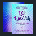 QR Code Bat Mitzvah Retro Blue Purple Gradient Fun Invitation<br><div class="desc">Be proud, rejoice and showcase this milestone of your favourite Bat Mitzvah! Send out this fun boho retro, personalised QR code invitation for an event to remember. Fun, trendy, bold purple and navy blue typography with modern sans serif typography overlay a background of pop light turquoise and purple ombre gradient...</div>