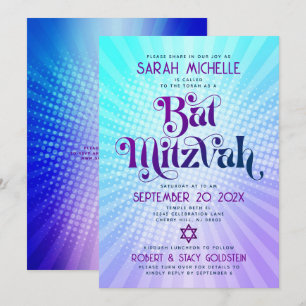 QR Code Bat Mitzvah Retro Blue Purple Gradient Fun Invitation