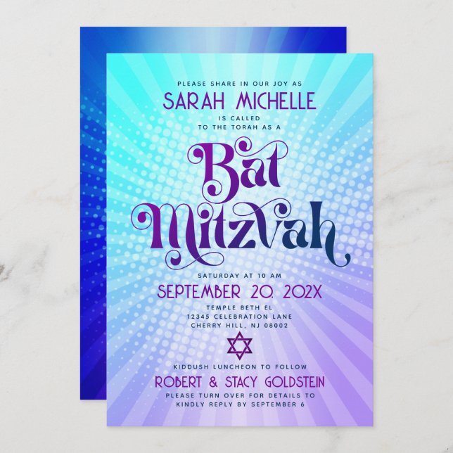 QR Code Bat Mitzvah Retro Blue Purple Gradient Fun Invitation (Front/Back)
