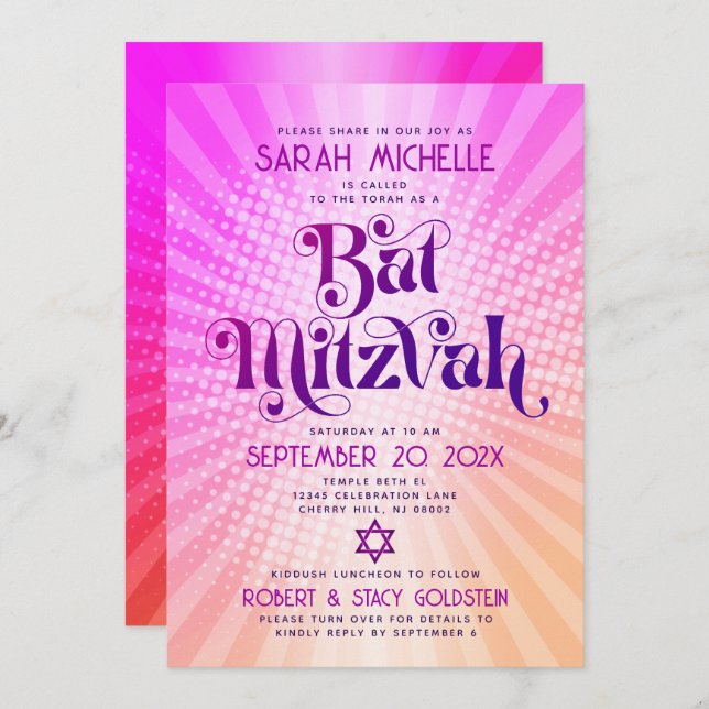 QR Code Bat Mitzvah Retro Pink Orange Gradient Fun Invitation (Front/Back)